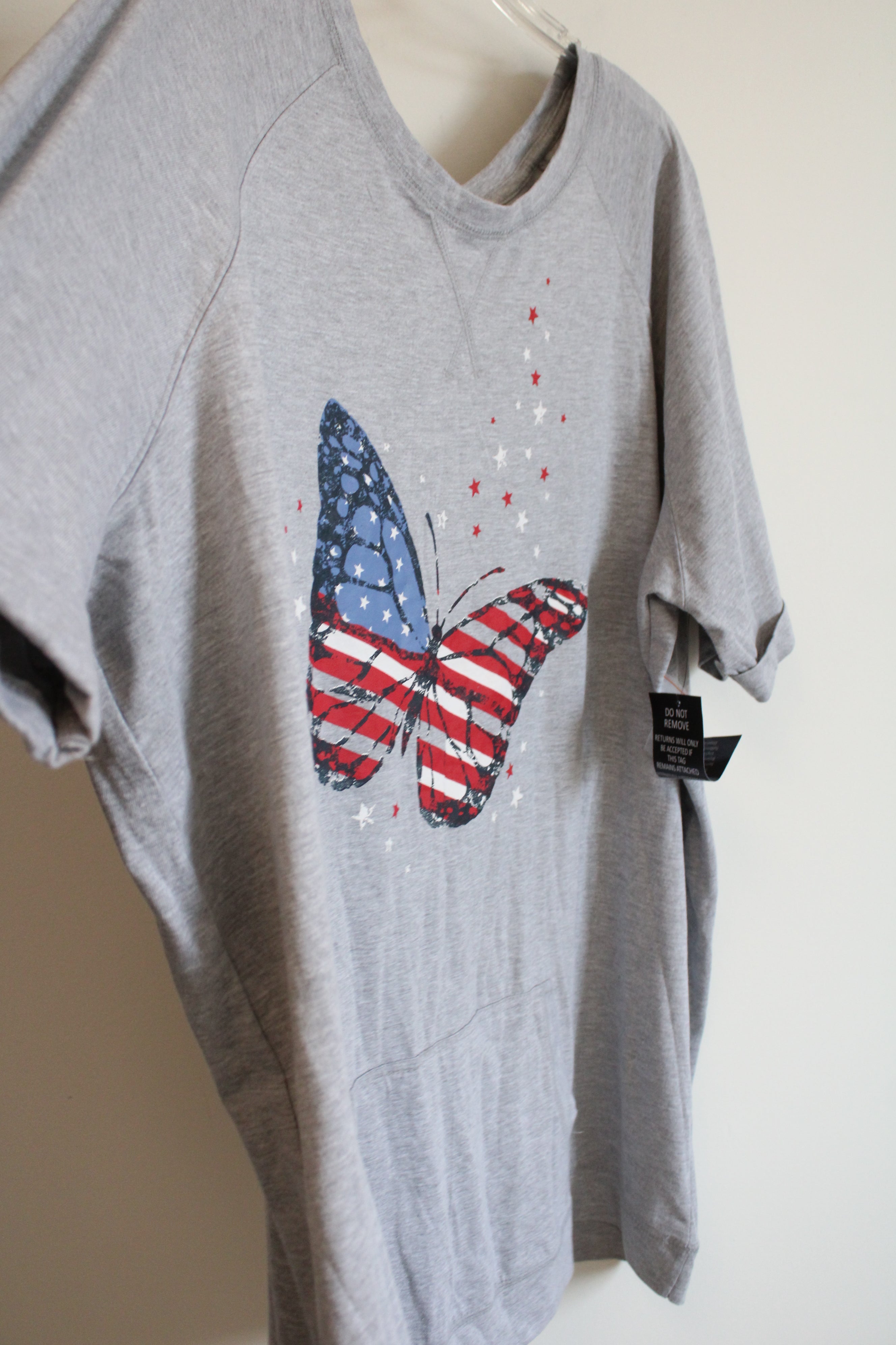 NEW Woman Within Gray American Flag Butterfly Front Pocket Top | 3X