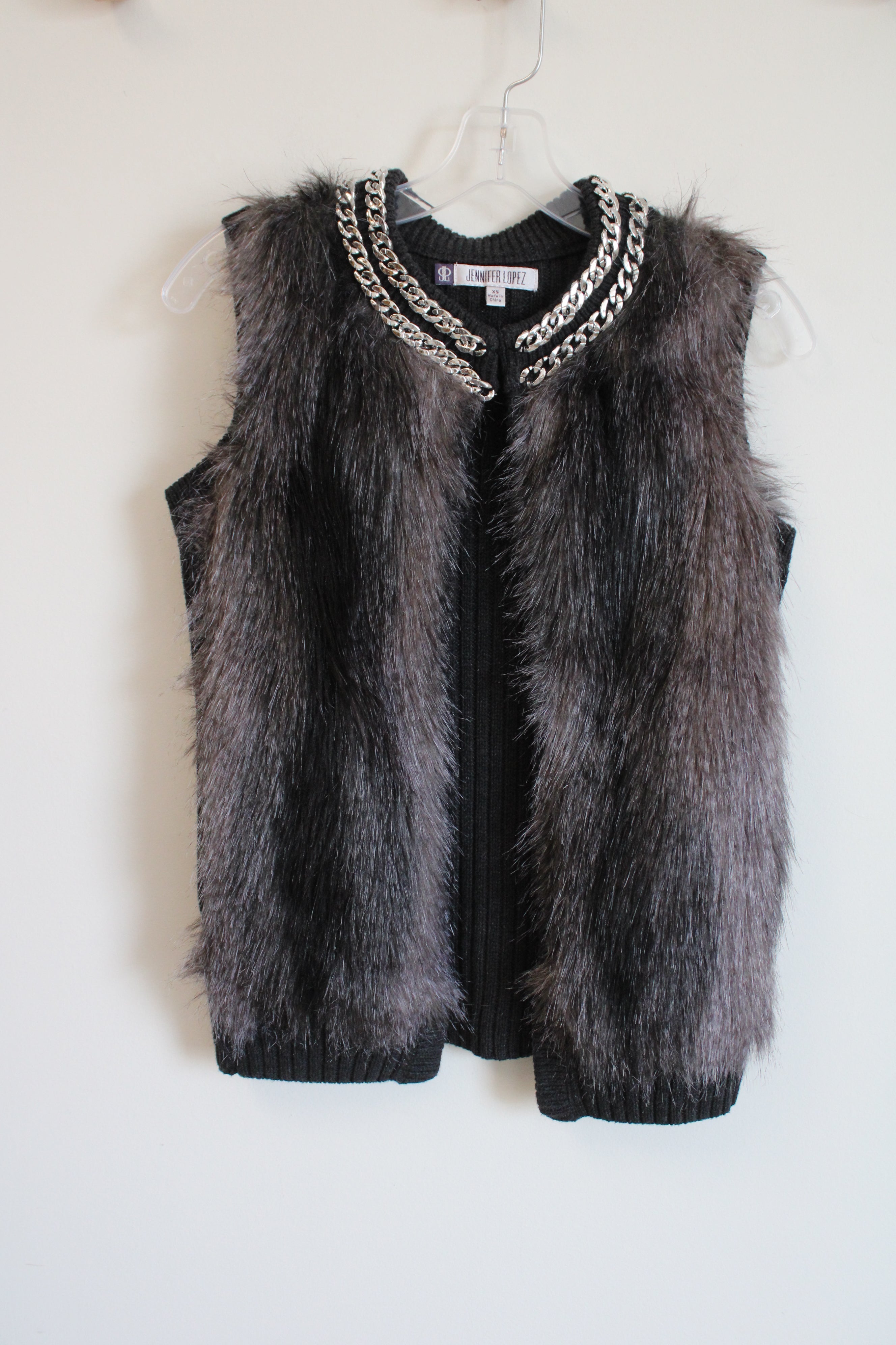 Jennifer Lopez Faux Fur Silver Chain Vest | XS