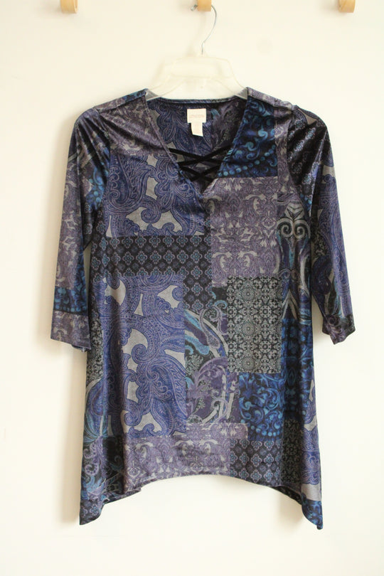 Chico’s Purple Tunic Velvet Criss Cross Paisley 3/4 Sleeve Shirt | 0