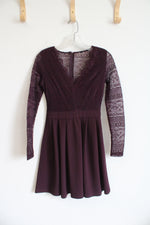 Merlot Wine Dark Purple Lace Top Flare Hem Dress | XS