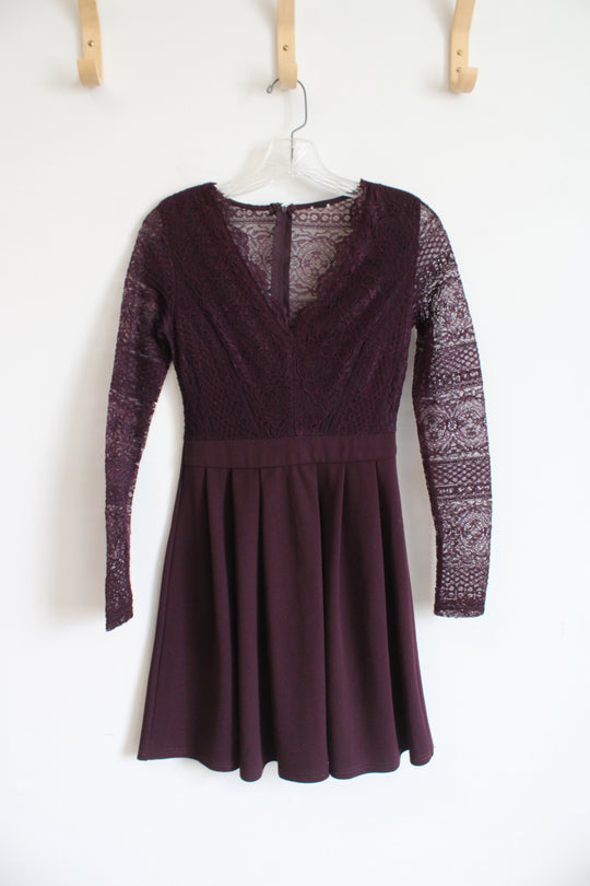 Merlot Wine Dark Purple Lace Top Flare Hem Dress | XS