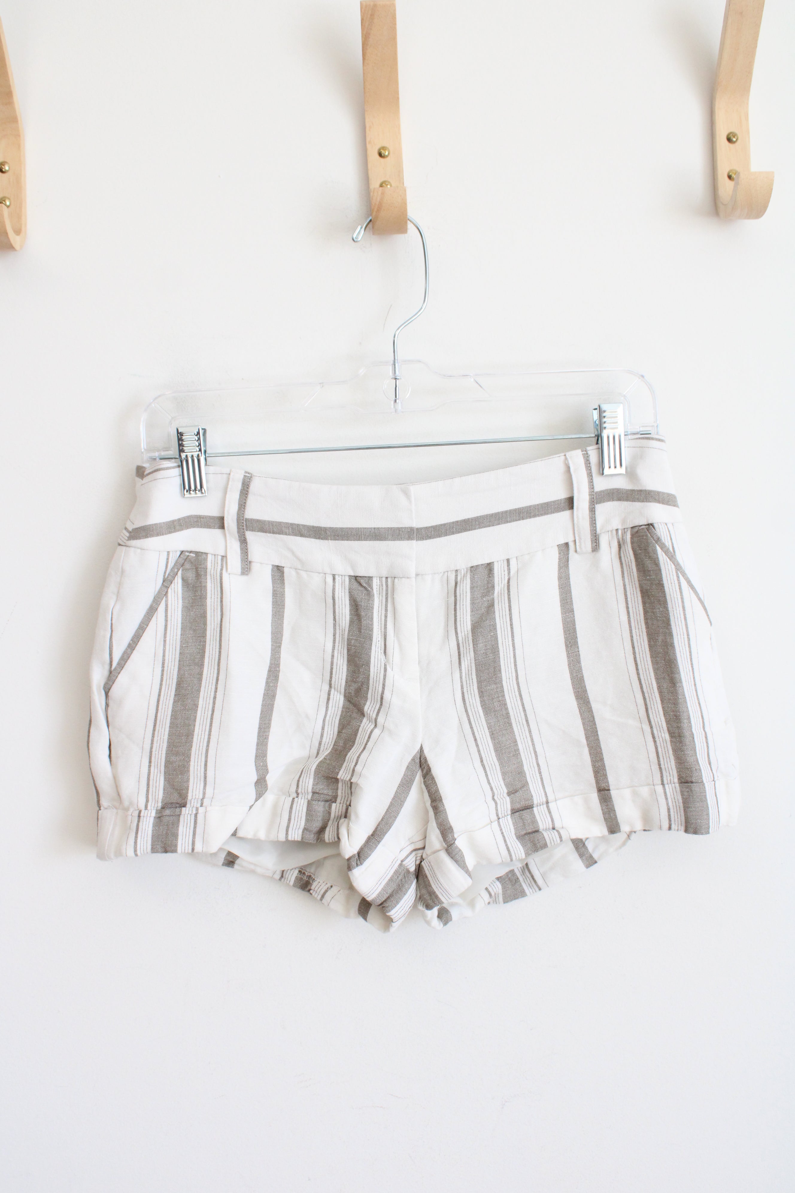 Express Cream & Tan Striped Linen Blend Shorts | 2