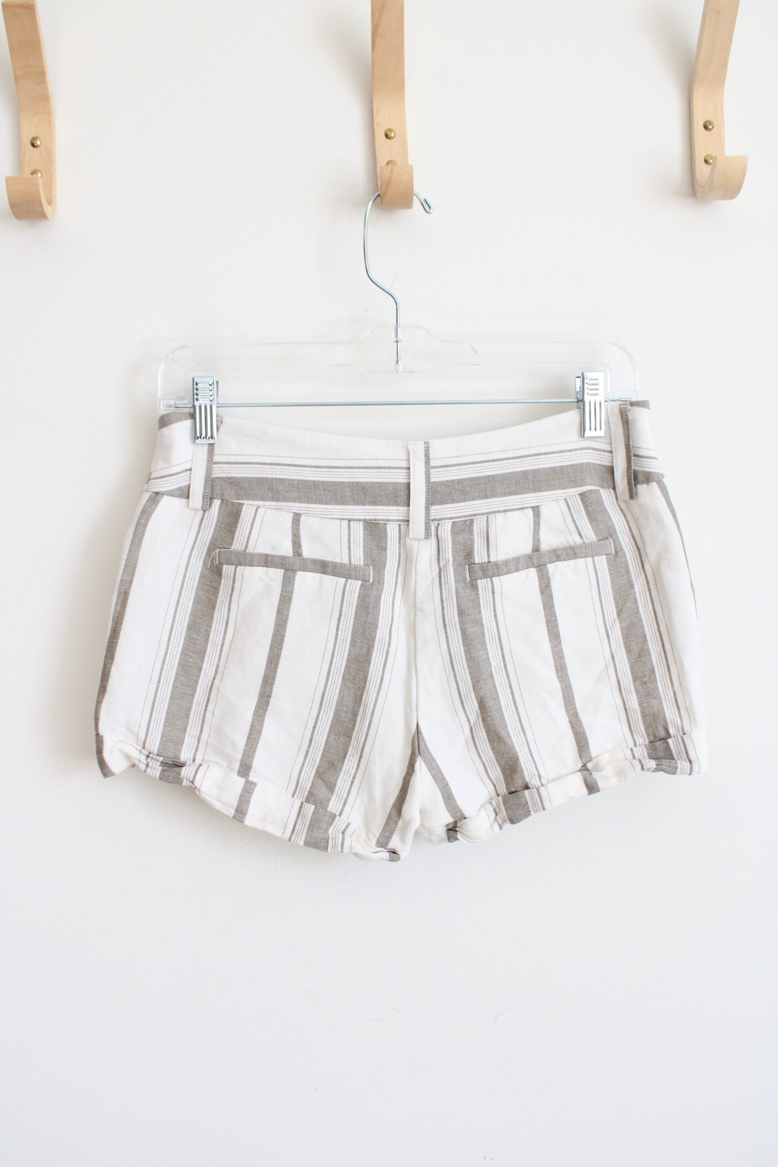 Express Cream & Tan Striped Linen Blend Shorts | 2