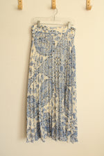 Sezane Paris Off-White and Blue Floral Pleated Maxi Skirt with Side Zipper | 2