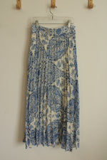 Sezane Paris Off-White and Blue Floral Pleated Maxi Skirt with Side Zipper | 2