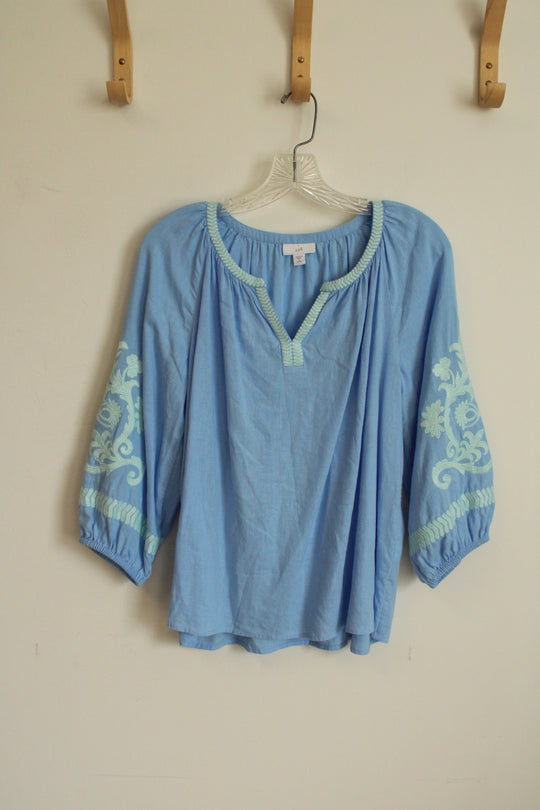 J.Jill Blue and Teal Linen Blend Embroidered 3/4 Puff Sleeve | S