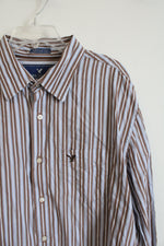 American Eagle Vintage Fit Brown Blue & White Striped Button Down Shirt | XXL