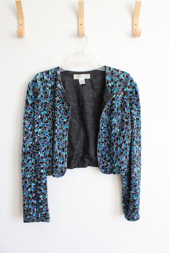Niteline By Della Roufogali Blue Sequined Silk Jacket | L