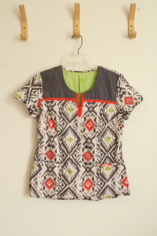 Healing Hands Gray Orange and Green Printed Scrub Top | S