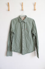Hollister Green & White Striped Button Down Shirt | L