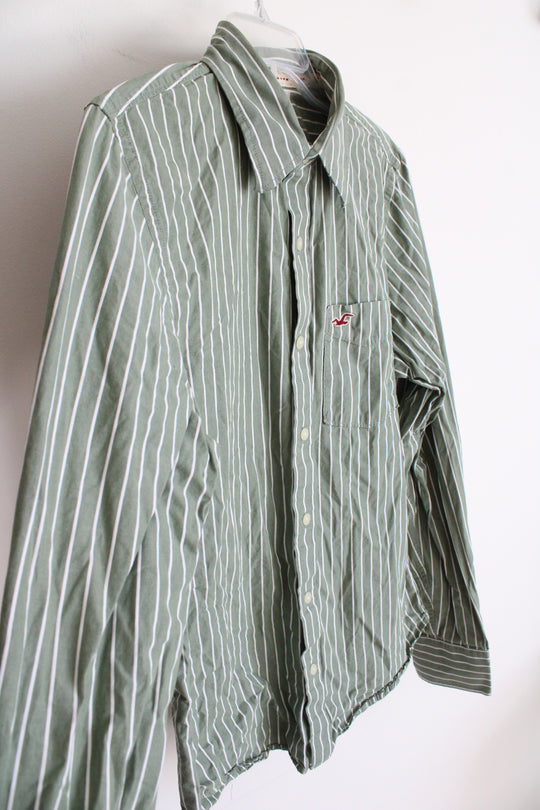 Hollister Green & White Striped Button Down Shirt | L