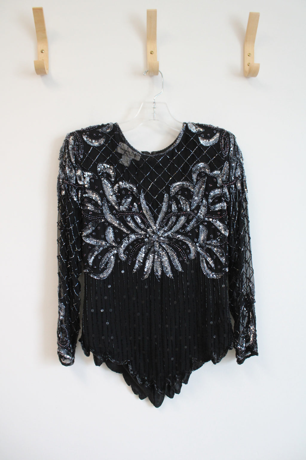 Lawrence Kazar Beaded Sequined Black Long Sleeved Silk Top | M Petite