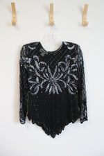 Lawrence Kazar Beaded Sequined Black Long Sleeved Silk Top | M Petite