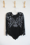 Lawrence Kazar Beaded Sequined Black Long Sleeved Silk Top | M Petite