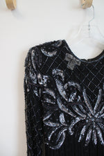 Lawrence Kazar Beaded Sequined Black Long Sleeved Silk Top | M Petite