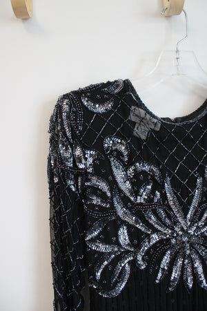 Lawrence Kazar Beaded Sequined Black Long Sleeved Silk Top | M Petite
