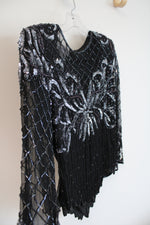 Lawrence Kazar Beaded Sequined Black Long Sleeved Silk Top | M Petite