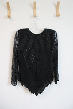 Lawrence Kazar Beaded Sequined Black Long Sleeved Silk Top | M Petite