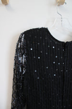 Lawrence Kazar Beaded Sequined Black Long Sleeved Silk Top | M Petite