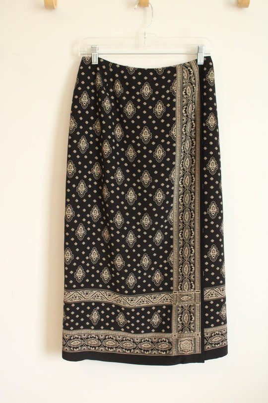 Talbots Black and Tan Silk Paisley Print Wrap Skirt | 10 Petite