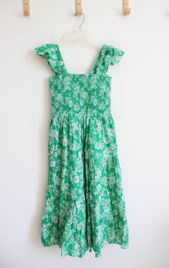 Lands' End Green & White Floral Ruffle Strap Tiered Midi Dress | XS