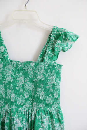 Lands' End Green & White Floral Ruffle Strap Tiered Midi Dress