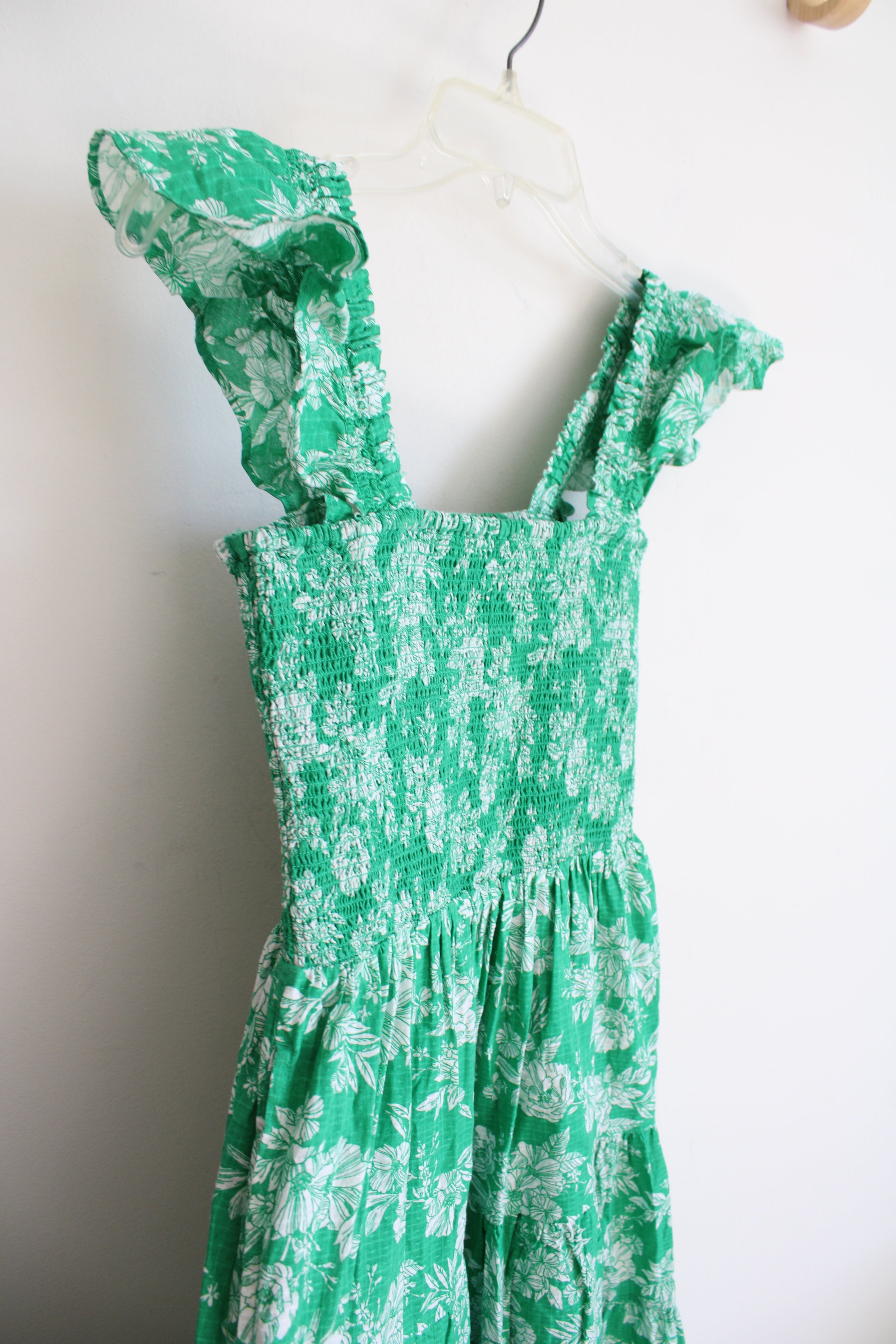 Lands' End Green & White Floral Ruffle Strap Tiered Midi Dress | XS