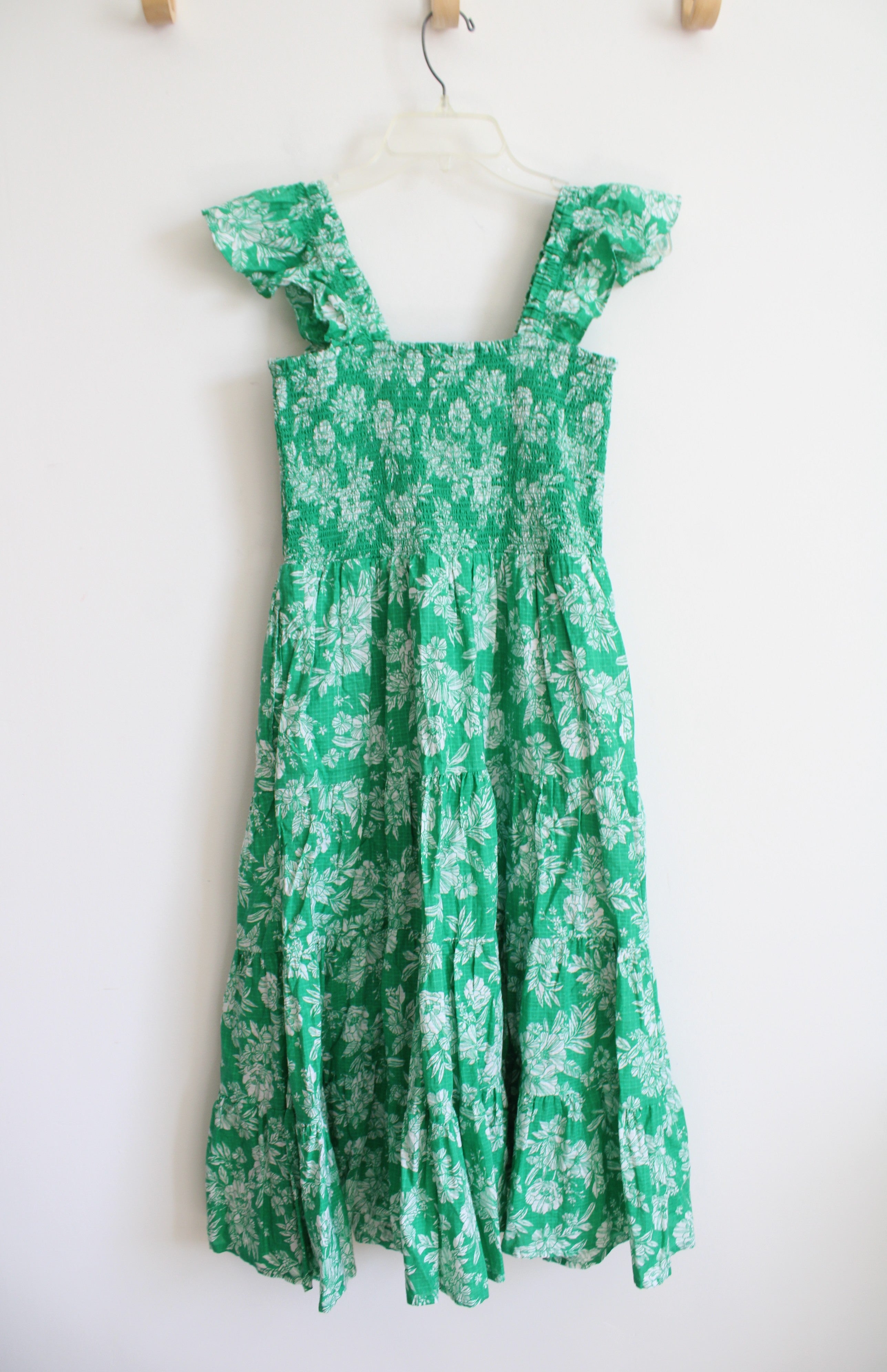 Lands' End Green & White Floral Ruffle Strap Tiered Midi Dress | XS