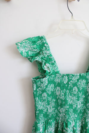 Lands' End Green & White Floral Ruffle Strap Tiered Midi Dress