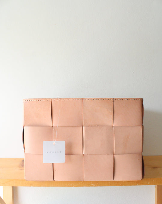 NEW Pottery Barn Light Pink Rejuvenation Genuine Leather Woven Square Basket
