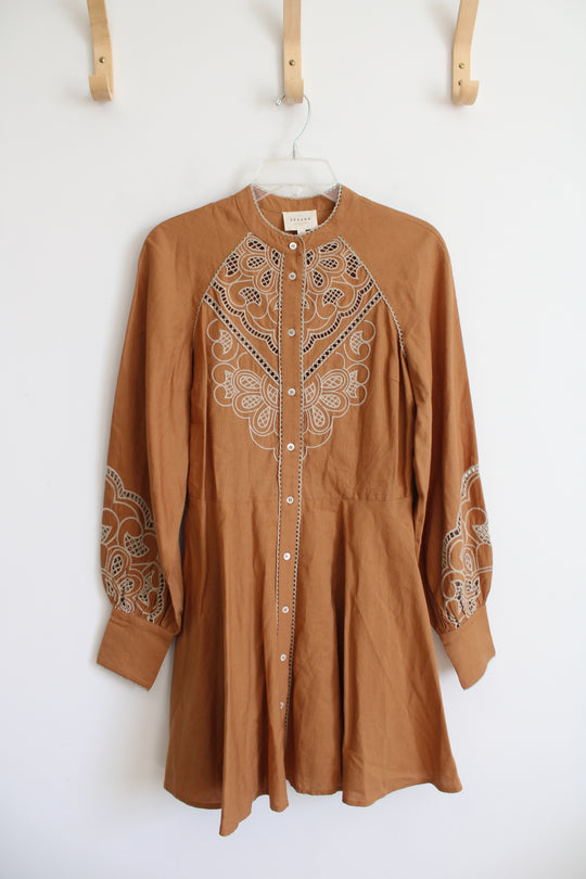 Sezane Caprice Embroidered Camel Long Sleeved Dress | 34