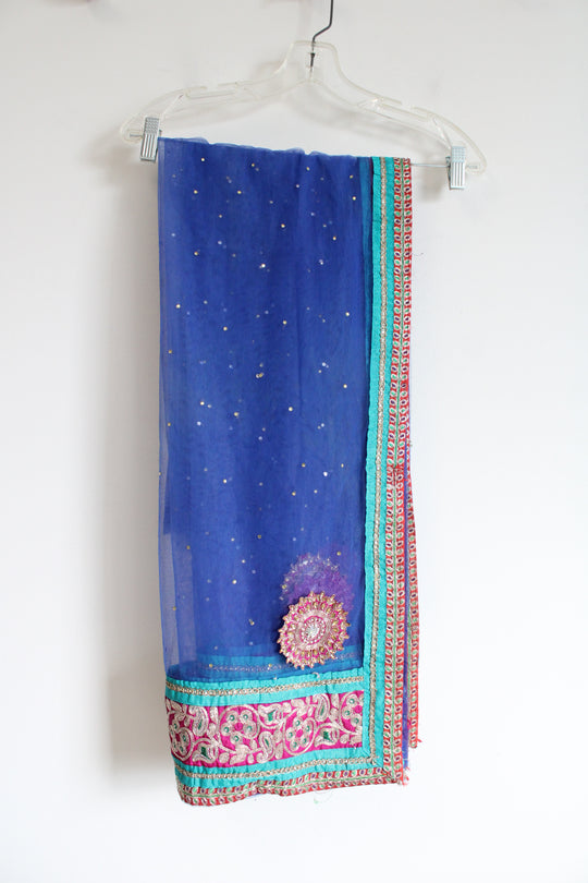 Beaded Sequined Blue Tulle Indian Style Shawl