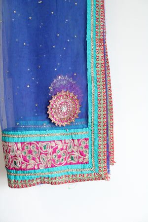 Beaded Sequined Blue Tulle Indian Style Shawl
