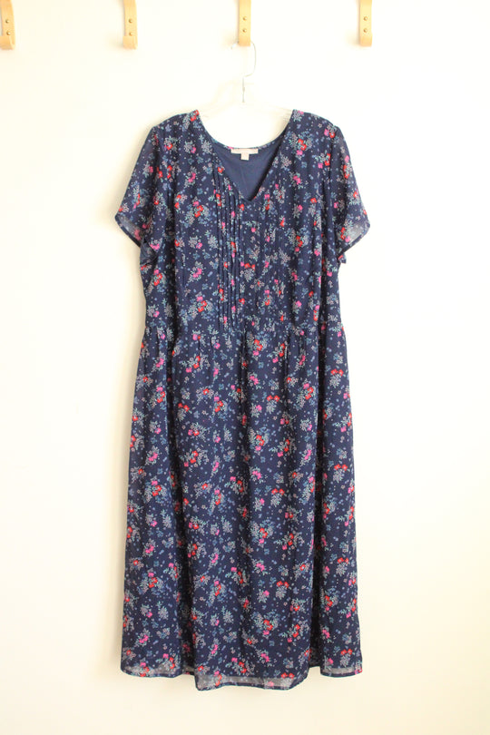 Woman Within Blue Floral V-Neck Pleated Top Dress | 20W