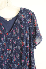 Woman Within Blue Floral V-Neck Pleated Top Dress | 20W