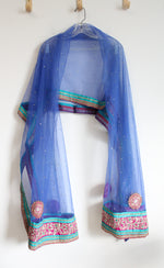 Beaded Sequined Blue Tulle Indian Style Shawl