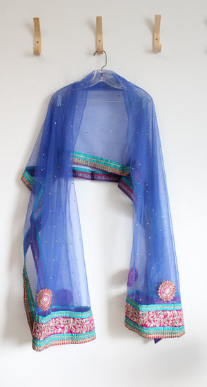 Beaded Sequined Blue Tulle Indian Style Shawl