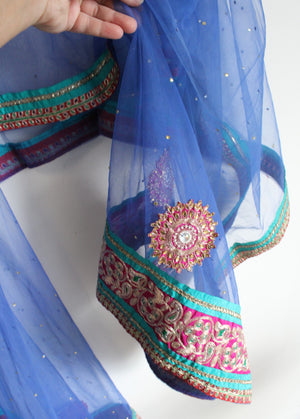 Beaded Sequined Blue Tulle Indian Style Shawl