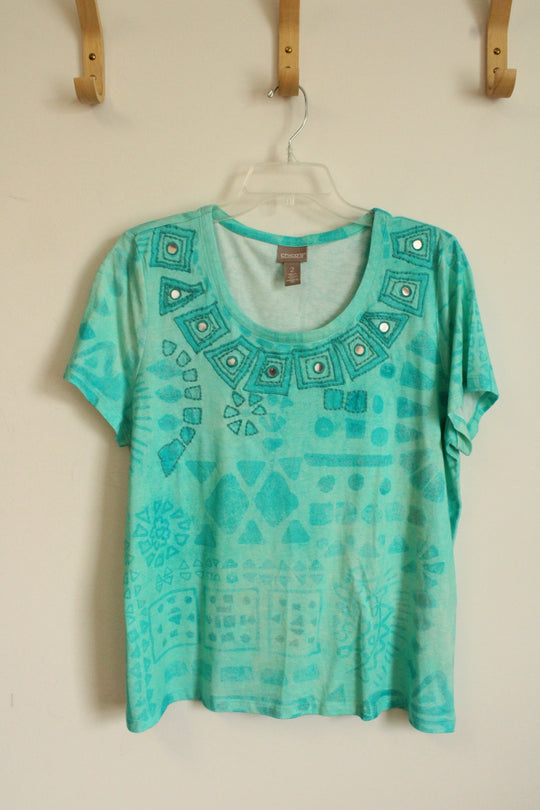 Chico's Teal Mirrored Circle Embroidered T-shirt | L