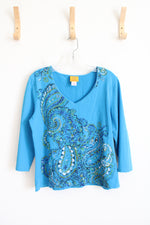 Ruby Rd. Blue Patterned V-Neck Top | L