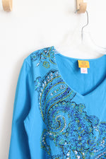 Ruby Rd. Blue Patterned V-Neck Top | L