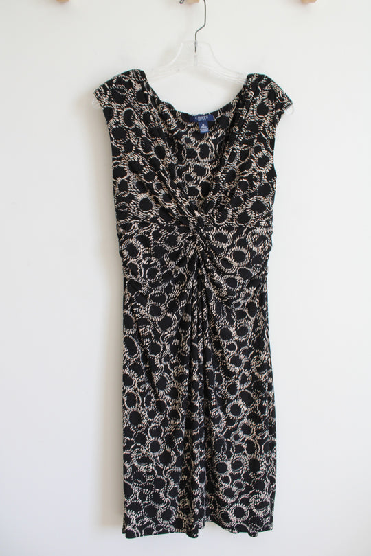 Chaps Black & Tan Circle Patterned Ruched Dress | M