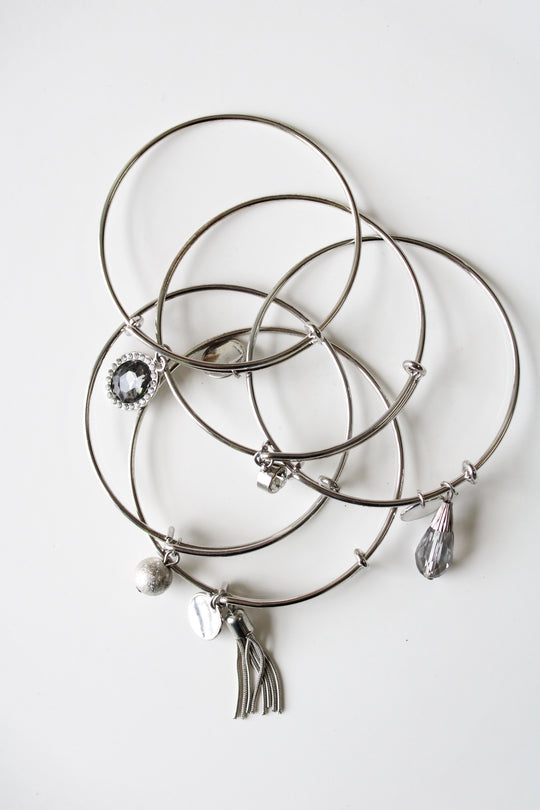 NEW Silver Charm Bangle Bracelets | Set Of 5