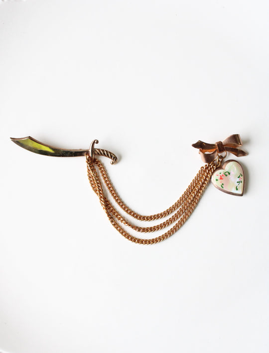 Vintage Arabian Scimtar Sword & Heart Locket Rose Gold Chain Pin