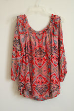 Sara Michelle Red Paisley Open Shoulder Layered Blouse | XL Petite