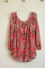 Sara Michelle Red Paisley Open Shoulder Layered Blouse | XL Petite