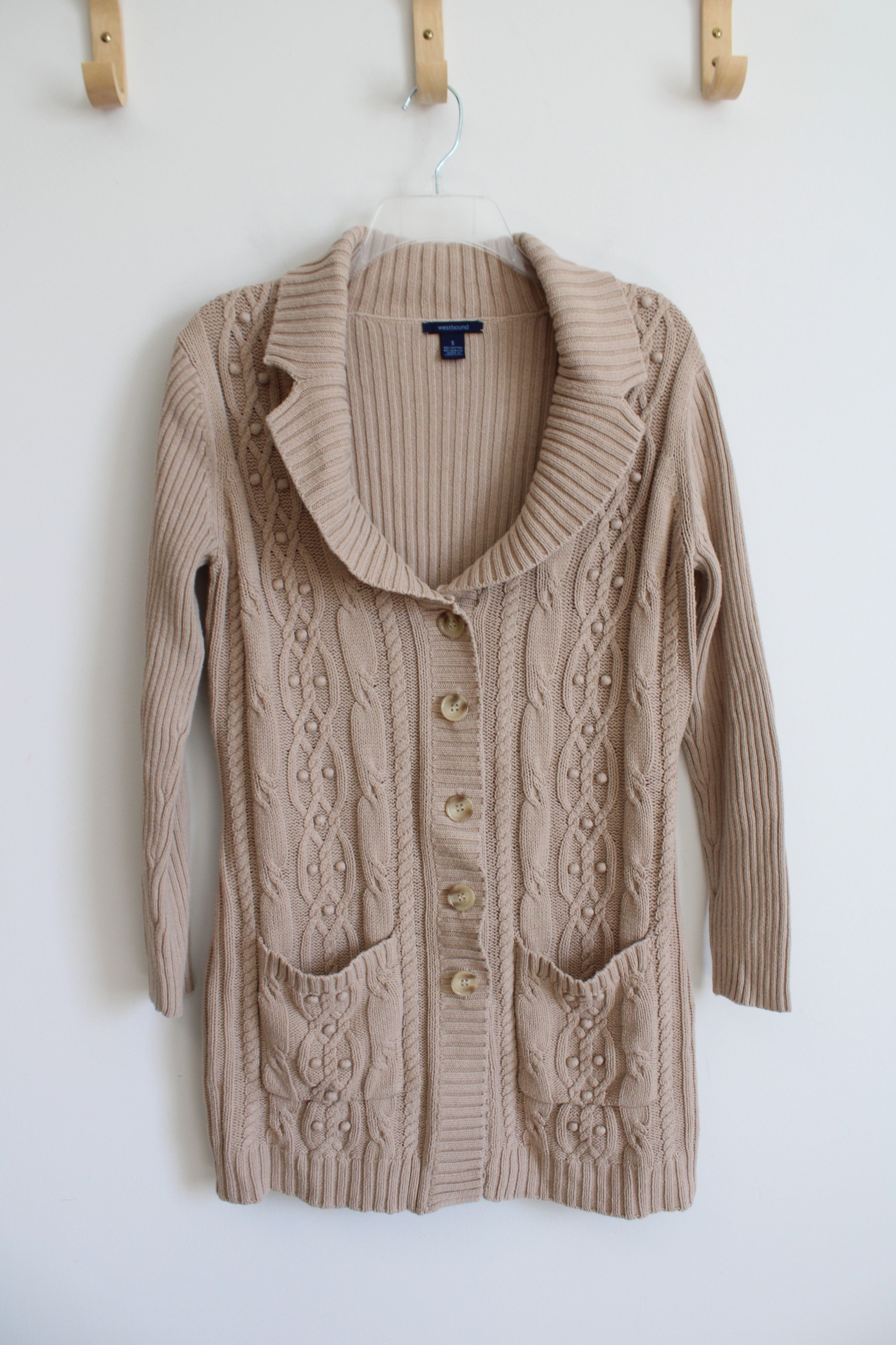 Westbound Tan Cable Knit Button Down Sweater | S