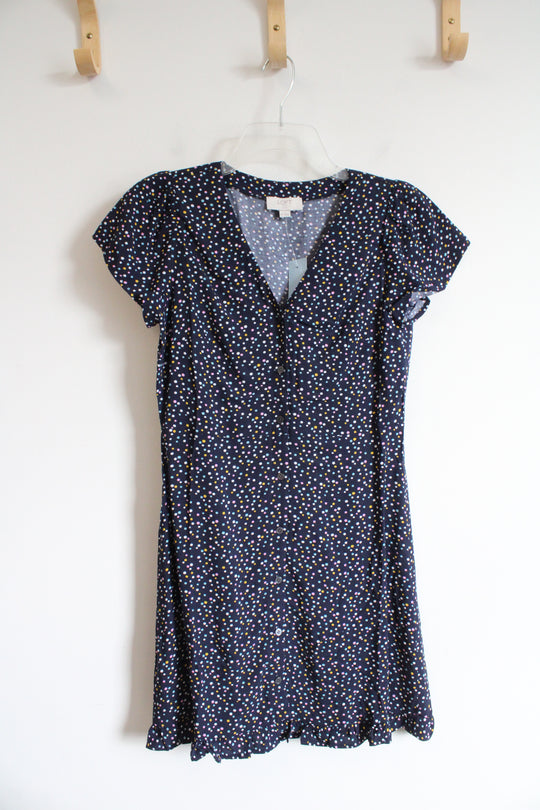 NEW LOFT Navy Colorful Dotted Button Down Dress | 0 Petite