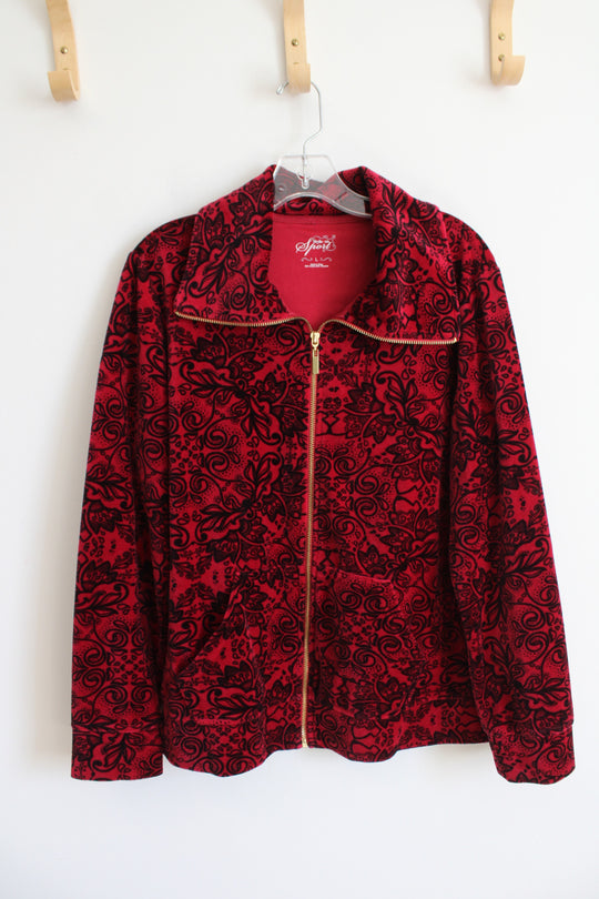 Style & Co. Sport Red & Black Paisley Patterned Velour Jacket | L