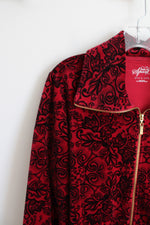 Style & Co. Sport Red & Black Paisley Patterned Velour Jacket | L